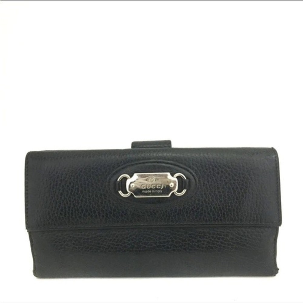 GUCCI Logo Plate Leather Bifold Long Wallet